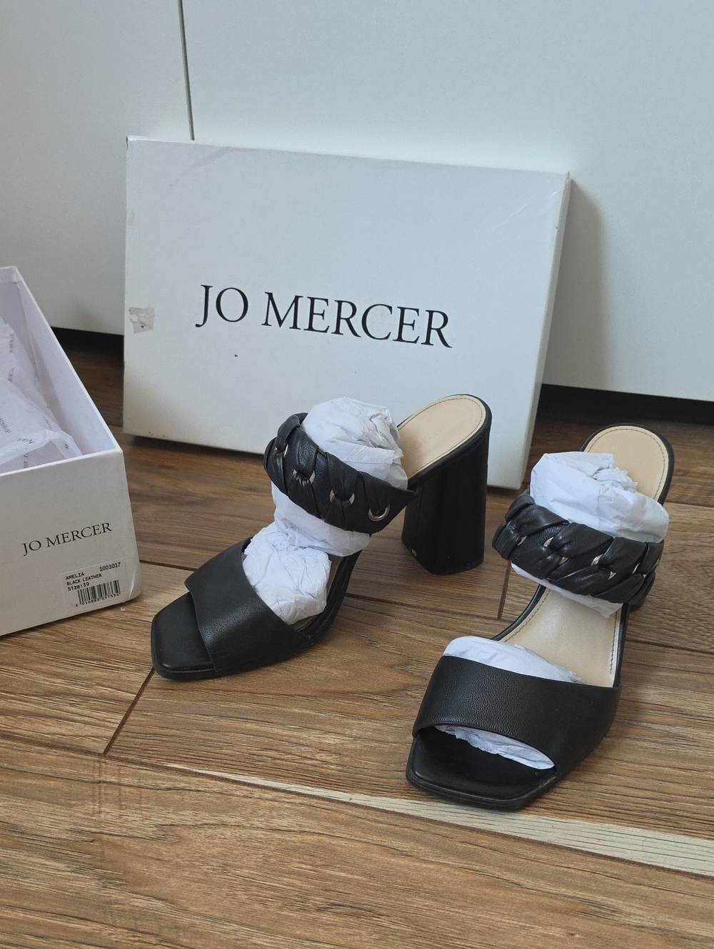 Jo Mercer Leather AMELIA Black Braided Strap Block Heel Mules Sandals 39 Size